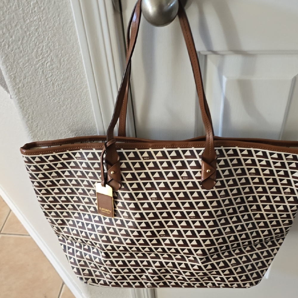Lauren Ralph Lauren Brown and White Geometric Tote